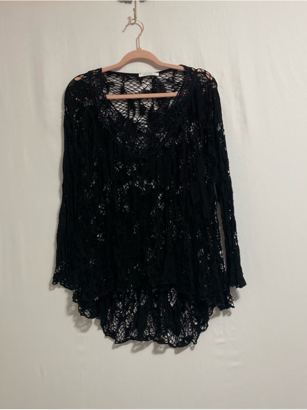 Sheer Black Crochet Knit Long Sleeve Top - Made in Italy